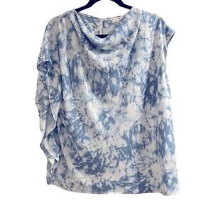 Halston Sky Blue/White Top With Asymmetrical Sleeves, Medium